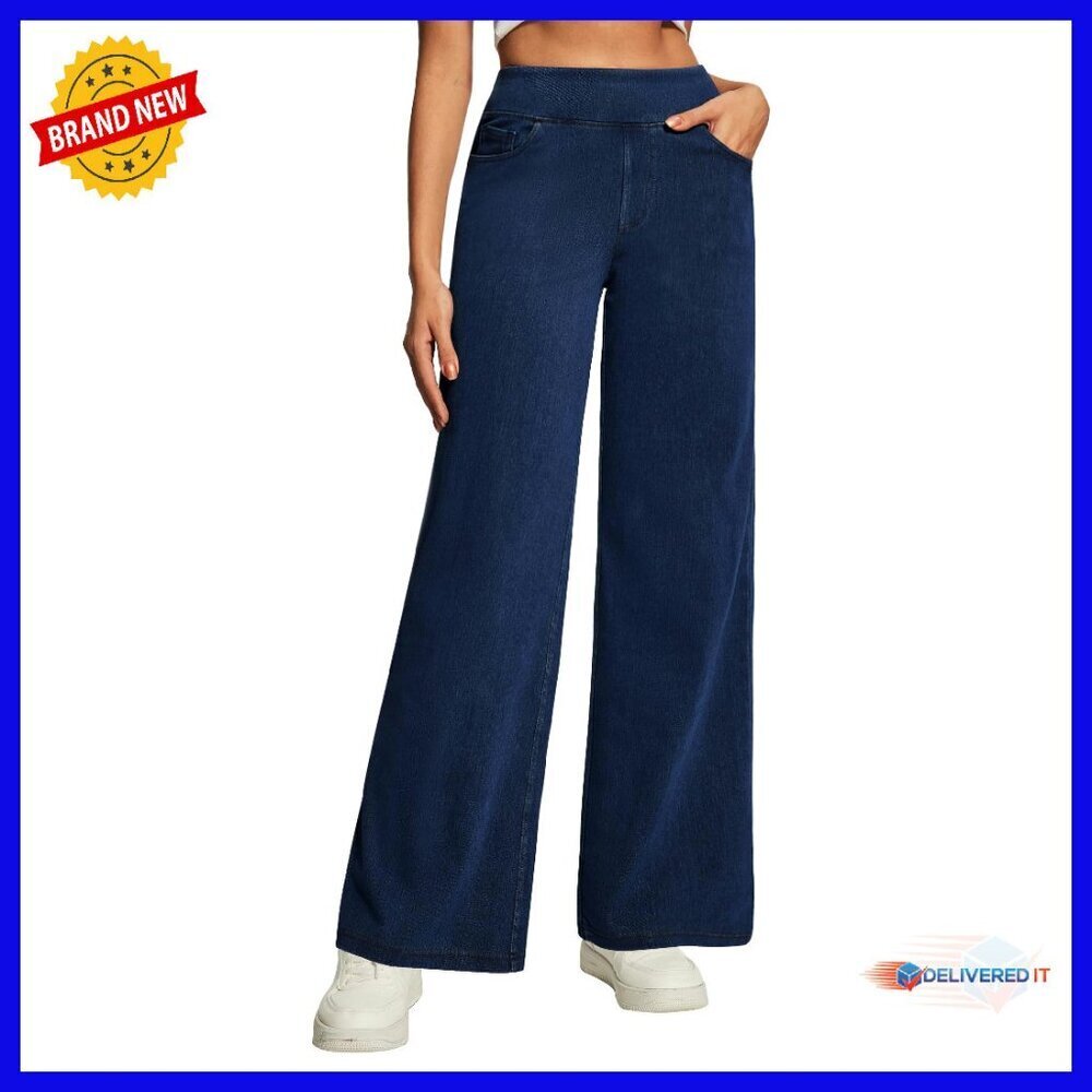High Waist Wide Leg Stretch Jeans Pull On Straight Leg Denim Pants
